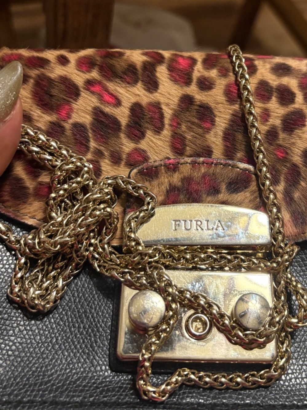 Furla Black Leather Crossbody with Leopard Fur Print Flap and Red Accents - Picture 8 of 8